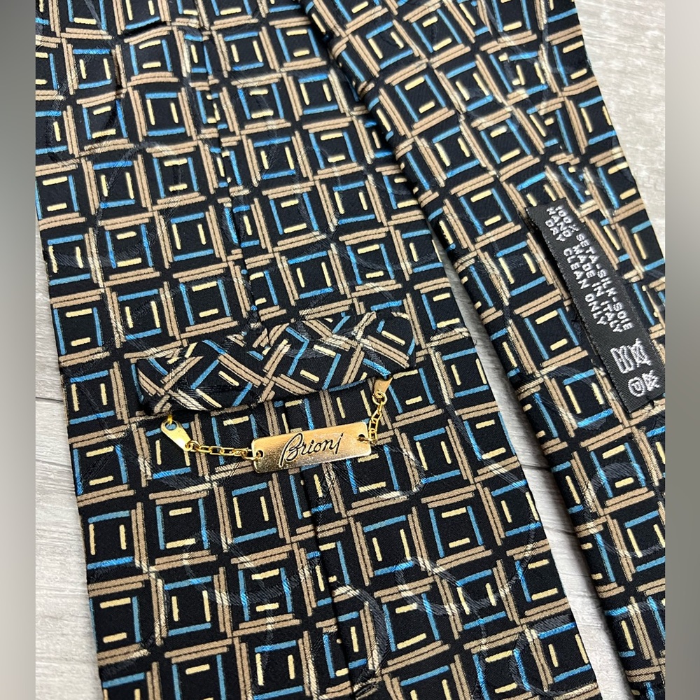 Brioni Navy w/ Tan, Blue & Gold Check Silk Tie